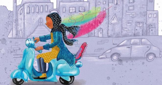 Illustration aus „Komm, gehen wir zur Moschee!“ zeigt Mädchen, das mit flatterndem Hijab auf dem Moped zur Moschee düst.