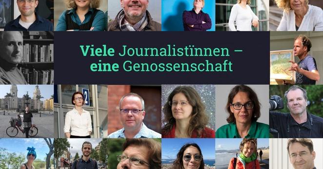 Porträts vieler Menschen als Collage. In der Mitte der Text „Viele Journalistïnnen – eine Genossenschaf“.