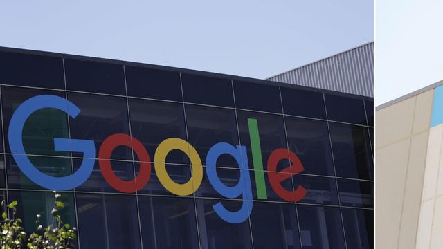 The Google logo, left, is displayed at the company's headquarters in Mountain View, Calif., on July 19, 2016, and the Amazon logo is displayed on the exterior wall of the Amazon OXR1 fulfillment center in Oxnard, Calif., on Aug. 21, 2024. (AP Photo)