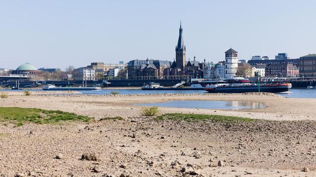 Trockenheit herrscht am Rhein in Oberkassel mit Blick auf die Altstadt. 
