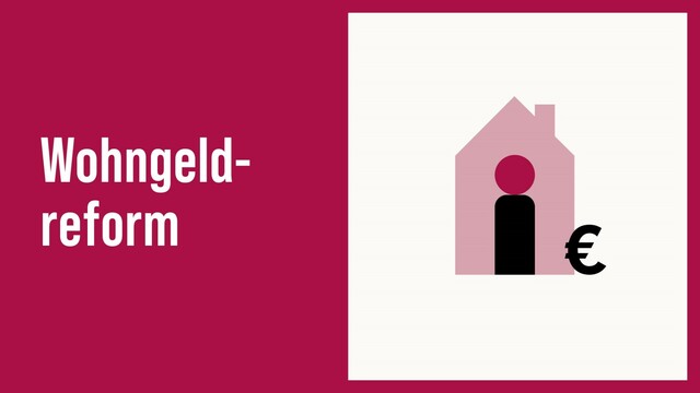 Die Grafik zeigt den Umriss eines Hauses, in dem eine animierte Figur steht. An das Haus ist ein Eurozeichen gelehnt. Dazu das Wort "Wohngeldreform".