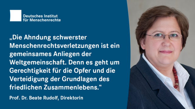 Twittercard mit dem Logo des Deutschen Instituts für Menschenrechte und dem Fotoporträt einer Person mit Brille und Halskette. Auf der linken Seite steht Text: 
