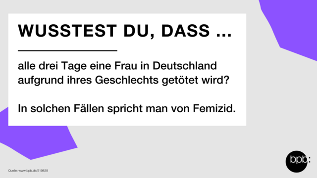 Wusstest du, dass alle drei Tage eine Frau in Deutschland aufgrund ihres Geschlechts getötet wird? In solchen Fällen spricht man von Femizid.