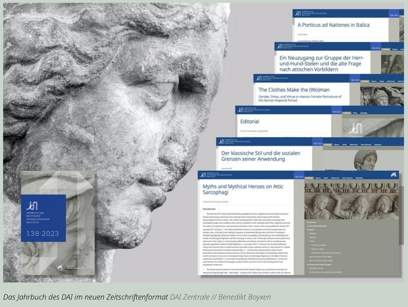 Bildmontage mit Cover des JdI 138/20023 und einer Auswahl Artikelansichten im digitalen Format.