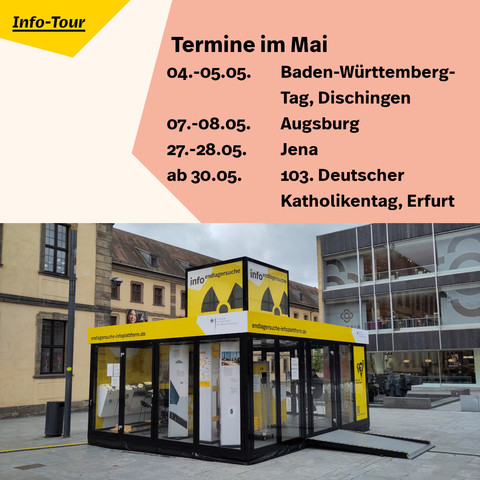 Termine der Info-Tour im Mai; 04.-05. Baden-Württemberg-Tag in Dischingen, 07.-08.05. Augsburg, 27.-28.05. Jena, ab 30.05. 103. Deutscher Katholikentag in Erfurt