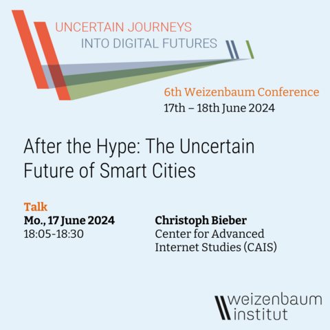 Uncertain journeys into digital futures. 
6th Weizenbaum Conference
17th – 18th June 2024. After the Hype: The Uncertain Future of Smart Cities 
Talk
Mo., 17 June 2024
18:05-18:30 
Christoph Bieber
Center for Advanced Internet Studies (CAIS)