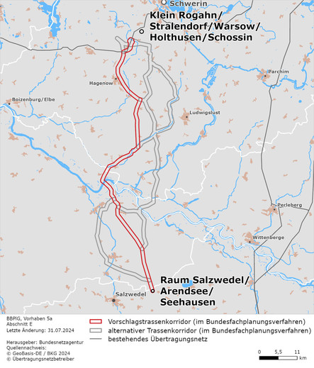 Die Karte zeigt den Verlauf des Vorschlagstrassenkorridors des Abschnitts E des Vorhabens 5a.