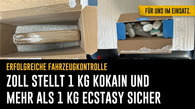 Bild: Zwei Fotos von den Drogen in ihren Verstecken. Ein Kokainblock in einem Karton mit Katzenstreu und Drogen zwischen Geschirrspültaps in einem Pappkarton.
Text: Erfolgreiche Fahrzeugkontrolle/Zoll stellt ein Kilogramm Kokain und mehr als ein Kilogramm Ecstasy sicher