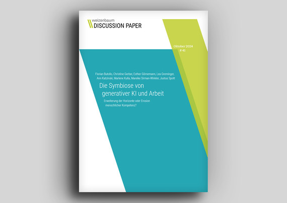 Titelblatt der Publikation „Die Symbiose von generativer Kl und Arbeit. Erweiterung der Horizonte oder Erosion menschlicher Kompetenz?“ von Florian Butollo, Christine Gerber, Esther Görnemann, Lea Greminger, Ann Katzinski, Marlene Kulla, Mareike Sirman-Winkler und Justus Spott