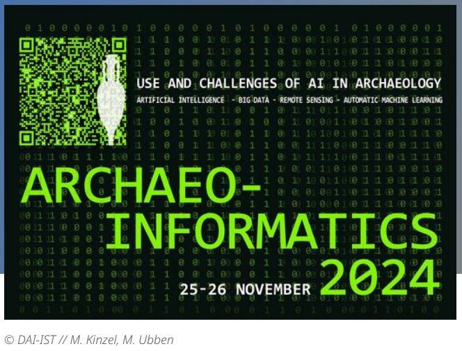 Event graphic for "Archaeo-Informatics 2024&quot;, showing a green QR code with a superimposed stylised amphora, the event title and date (25-26 November) and the subtitle: &quot;Use and Challenges of AI in Archaeology. Artifical Intelligence - Big <br />Data - Remote Sensing - Automatic Machine Learning&quot;.