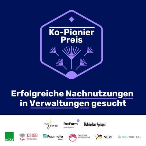 Das Logo des Ko-Pionier-Preises. In der Grafik ist der Satz zu lesen: Erfolgreiche Nachnutzungen in Verwaltungen gesucht.