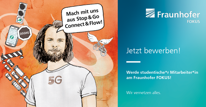 Eine Grafik mit einer Zeichnung, die einen unserer FOKUS-Wissenschaftler zeigt. Er sagt in einer Sprechblase: Mach mit uns aus Stop & Go Connect & Flow!