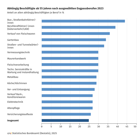 Ein Balkendiagramm zeigt den Anteil der Beschäftigten ab 55 Jahren in ausgewählten Engpassberufen im Jahr 2023, gemessen als Prozentsatz an allen Beschäftigten in diesen Berufen. Die höchsten Anteile finden sich bei Bus- und Straßenbahnfahrer/-innen (über 40 %) sowie Berufskraftfahrer/-innen im Güterverkehr (knapp 40 %). Es folgen Berufe wie Verkauf von Fleischwaren, Gartenbau, Straßen- und Tunnelwärter/-innen und Vermessungstechnik mit Anteilen zwischen 30 % und 35 %. Der durchschnittliche Anteil über alle Berufe hinweg liegt bei etwa 25 %. Dies deutet auf eine alternde Belegschaft in bestimmten Engpassberufen hin.
