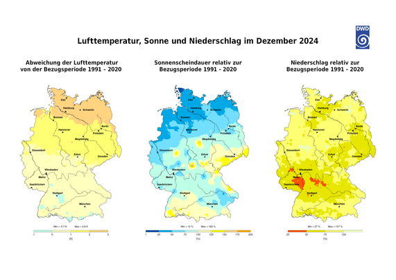 Die Grafik zeigt Temperatur, Sonne und Niederschlag im Dezember 2024, Quelle: Deutscher Wetterdienst