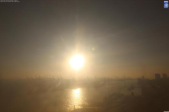 Tiefstehende Abendsonne über der Hamburger Elbe, Aufnahme der DWD-Webcam Hamburg vom 3. Februar 2025, 15.50 Uhr