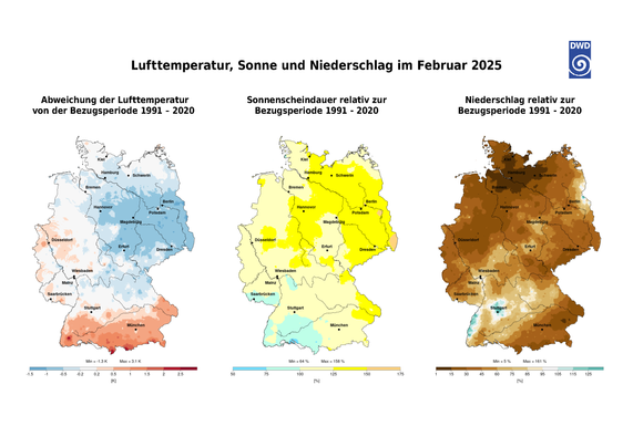 Deutschlandkarte mit farblicher Abstufung der Abweichungen der Monatsmittel der Lufttemperatur in Kelvin von der Bezugsperiode 1991 bis 2020. Im Norden und Osten war es meist kälter als im klimatologischen Mittel, im Westen und Süden überwiegend wärmer.
Deutschlandkarte mit farblicher Abstufung der Niederschlagshöhe relativ zum vieljährigen Mittel 1991-2020 in Prozent. In weiten Gebieten war es trockener als im Klimamittel, nur der Oderbruch und Gebiete vom Oberrhein bis Mittelfranken verzeichneten positive Abweichungen.
Deutschlandkarte mit farblicher Abstufung der Sonnenscheindauer relativ zum vieljährigen Mittel 1991-2020 in Prozent. Die Sonne ließ sich vereinzelt an der Nord- und Ostseeküste und gebietsweise im Südwesten seltener als im Mittel sehen. Sonst war die Sonne länger als im Mittel zu sehen – um mehr als 50 % örtlich von Berlin bis zur Oberlausitz.
