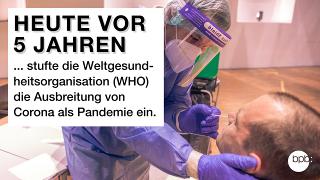 Ein Mann in Schutzkleidung nimmt einen Abstrich bei einem Patienten zur Testung auf das Corona-Virus. Daneben steht: Heute vor 5 Jahren  stufte die Weltgesundheitsorganisation (WHO) die Ausbreitung von Corona als Pandemie ein.