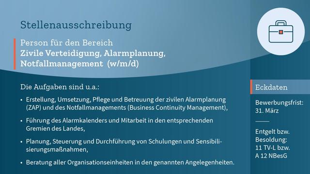 Auf blauem Hintergrund der Text: "Person für den Bereich Zivile Verteidigung, Alarmplanung, Notfallmanagement (m/w/d) zum nächstmöglichen Zeitpunkt. Die Aufgaben sind unter anderem: Erstellung, Umsetzung, Pflege und Betreuung der zivilen Alarmplanung (ZAP) und des Notfallmanagements (Business Continuity Management), Führung des Alarmkalenders und Mitarbeit in den entsprechenden Gremien des Landes, Planung, Steuerung und Durchführung von Schulungen und Sensibilisierungsmaßnahmen, Beratung aller Organisationseinheiten in den genannten Angelegenheiten. Entgelt bzw. Besoldung: 11 TV-L bzw. A 12 NBesG. Bewerbungsfrist: 31. März."