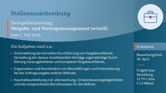 Auf blauem Hintergrund der Text: "Sachgebietsleitung Vergabe- und Vertragsmanagement (m/w/d) zum 1. Juli 2025. Die Aufgaben sind unter anderem: Sicherstellung der korrekten Durchführung von Vergabeverfahren, Verwaltung der daraus resultierenden Verträge, eigenständige Durchführung herausgehobener und komplexer Vergabeverfahren, Organisation und Koordination von Beschaffungen und Unterstützung bei der Auftragsvergabe anderer Referate, Haushaltsaufstellung und -überwachung, Umsatzsteuerangelegenheiten und das entsprechende Berichtswesen für das Referat. Entgelt bzw. Besoldung: 12 TV-L bzw. A13 NBesG. Bewerbungsfrist: 30. April."
