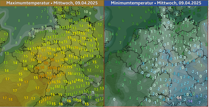 Höchstwerte von Dienstag sowie die Tiefstwerte in der Nacht auf Mittwoch. Während es am Dienstag im Vergleich zum Wochenstart bereits wieder milder wurde, gab es in der Nacht zu Mittwoch vor allem im Südosten verbreitet wieder leichten Frost bis -4 Grad. 